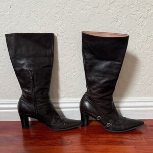 Furla Black Leather Pointed-Toe Mid-Calf Heeled Boots